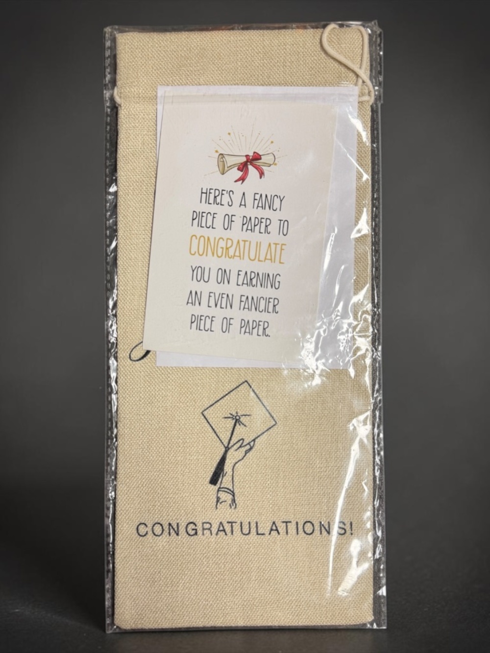 Graduation Linen Wine Bag Gift Set w Card & Envelope NIP